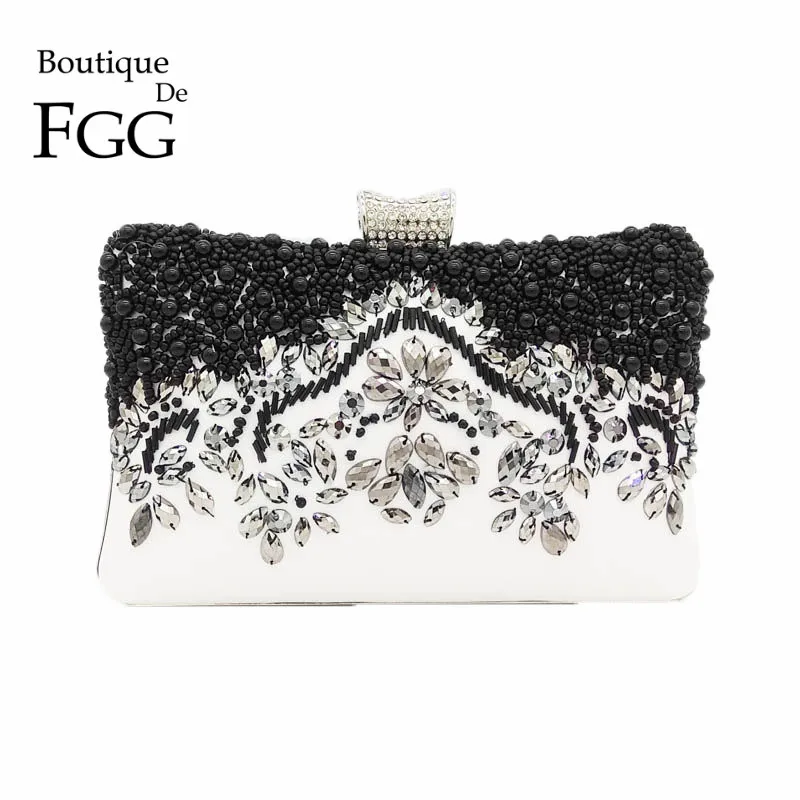 Boutique de FGG Винтаж черным бисером камень металл Рамки Кристалл Вечерние Клатчи