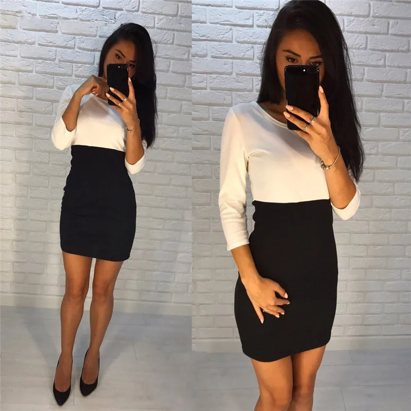 Women Color Block Dress Casual O Neck Bodycon Dress Contrast Color Stitching Seven-Point Sleeves Slim Slimming Casual Dress