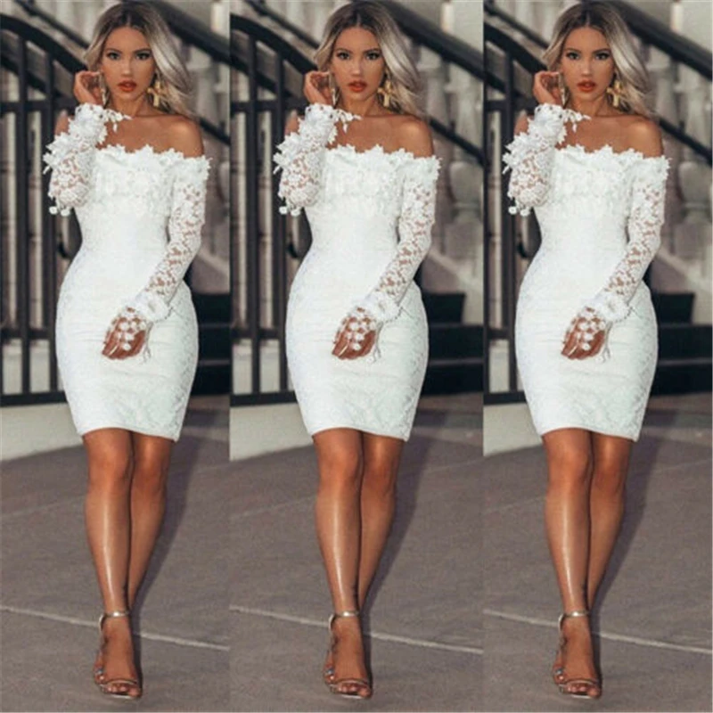 

2019 New Women Lace Patchwork Elegant White Slim Long Sleeve Off Shoulder Cocktail Party Club Bodycon Mini Pencil Dress