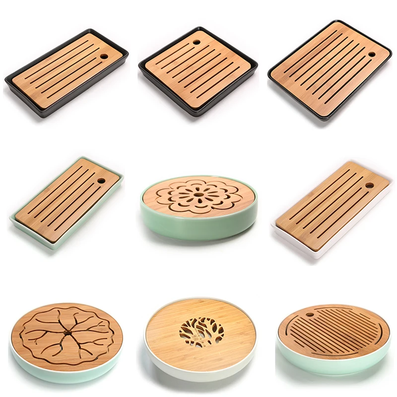2.1Ceramics Bamboo Tea tray Drainage Water storage Kung Fu Tea set room Board table Chinese tea cup ceremony tools Tea Set