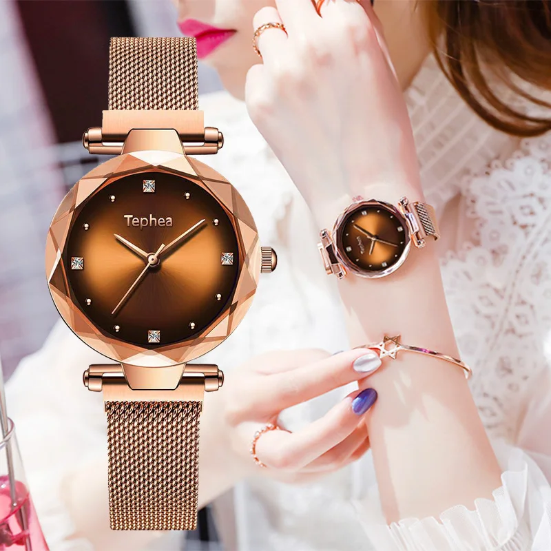 

Top Brand Luxury Women Watches Fashion Diamond Starry Sky Ladies Quartz Clock Magnet Buckle Geometric Surface Female Wristwatch