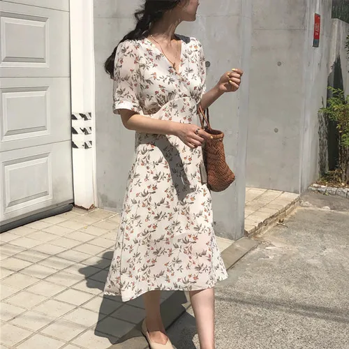 

Women Summer Chiffon Dress Sexy Deep V-neck Tunic Short Sleev Thin Korean Elegant Casual Beach Long Sundress Elegant Robe Femme