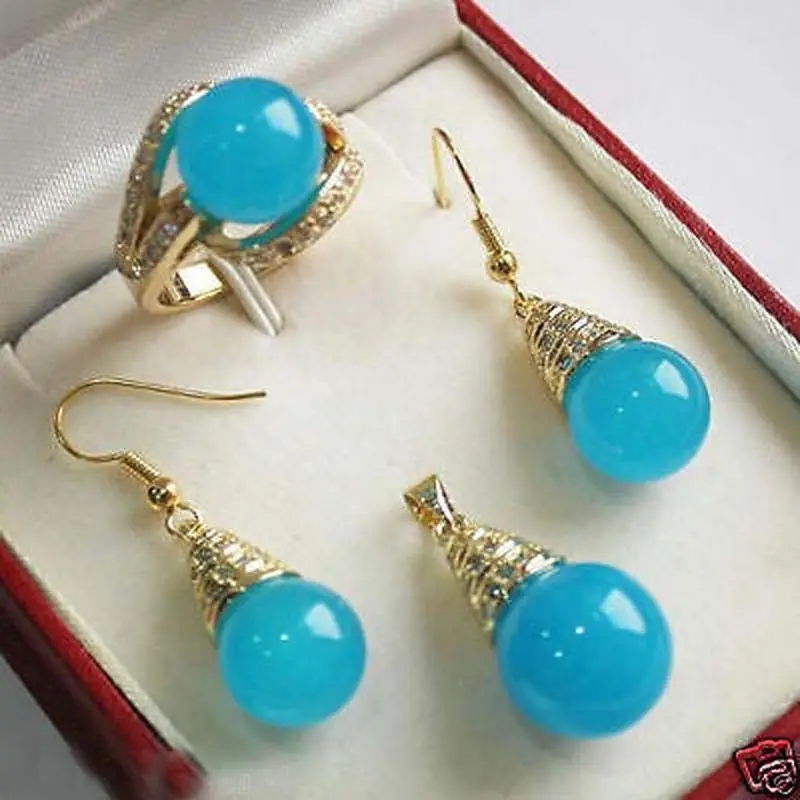 New Jewelry Blue Jadeite 12mm Pendant Necklace Earrings Ring 7.8.9 Set | Украшения и аксессуары