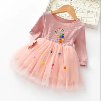 

Girls dress 2018 spring and autumn new Korean version of the rainbow long-sleeved princess dress mesh dress tide