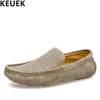 

Genuine leather Men Loafers Breathable Summer Slip-On Flats Male Boat shoes Casual Driving shoes Hollow Out Moccasins 022
