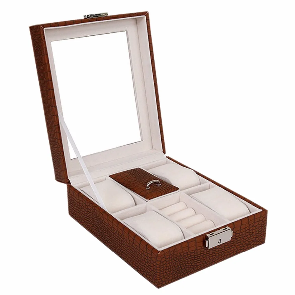 Роскошная коробка для хранения часов коричневый белые кожаные часы Чехол для коллекции 6 сетки держатель Органайзер Дисплей ювелирных часов для продавца