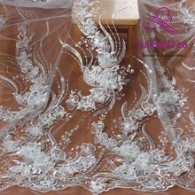 La Belleza 1 ярд новая кружевная ткань ручной работы с 3D цветком из белой органзы с цветами и кристаллами для свадебного платья кружевная ткань