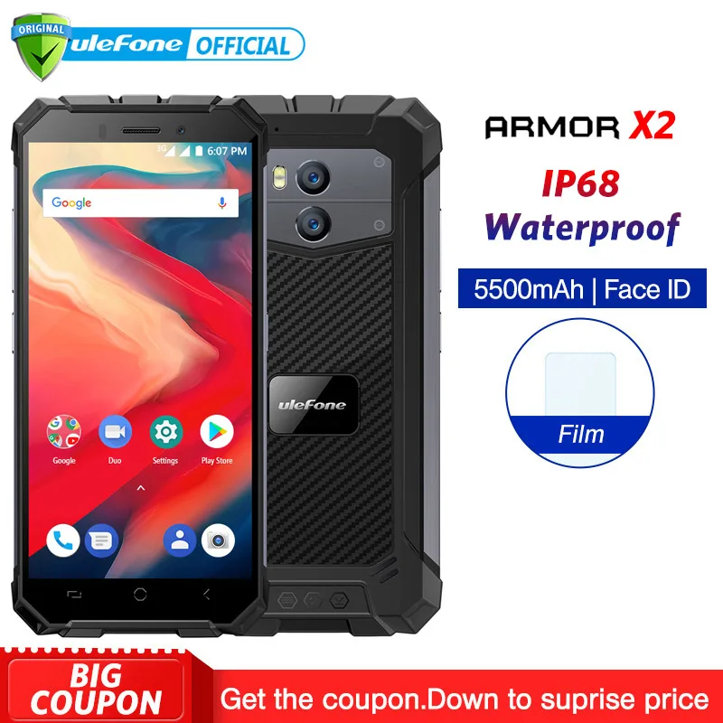 

Ulefone Armor X2 IP68 Waterproof Mobile Phone Android 8.1 5.5" HD Quad Core 2GB+16GB NFC Face ID 5500mAh Smartphone