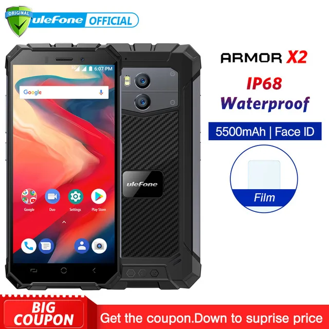 Ulefone Броня X2 IP68 Водонепроницаемый мобильного телефона Android 8,1 5,5 "HD 4 ядра 2 GB + 16 Гб NFC Face ID 5500 mAh смартфон