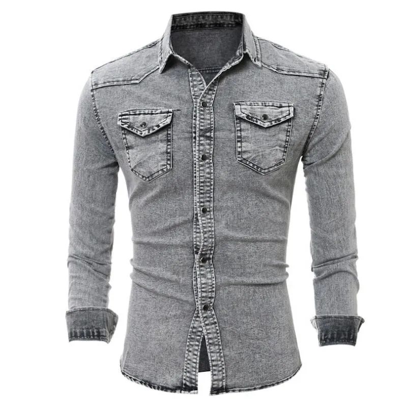 Denim Shirt Men Cotton Jeans Shirt fashion Slim Shirt Long Sleeve Cowboy shirt Stylish Wash Slim Fit Tops Asian Size