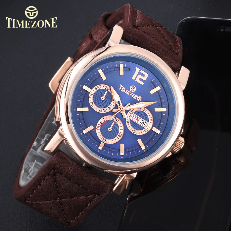 

TIMEZONE Original Men Business Watches Top Brand Luxury Rose gold Quartz Watch Leather Date Sport Waterproof Wristwatch Relogio