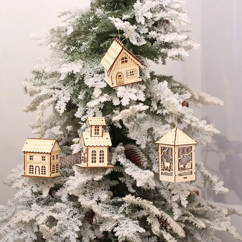 

LED Luminous Cabins Pendant New Year Table Ornaments Christmas Tree Decoration For Home Party Supplies Cute Wooden Lighted House