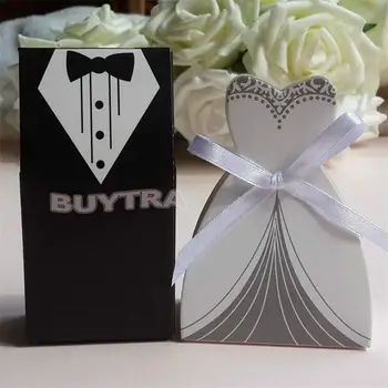 

100Pcs Bridal Gift Cases Groom Tuxedo Dress Gown Ribbon Wedding Favors Candy Box Sugar Case Wedding Decoration mariage casamento