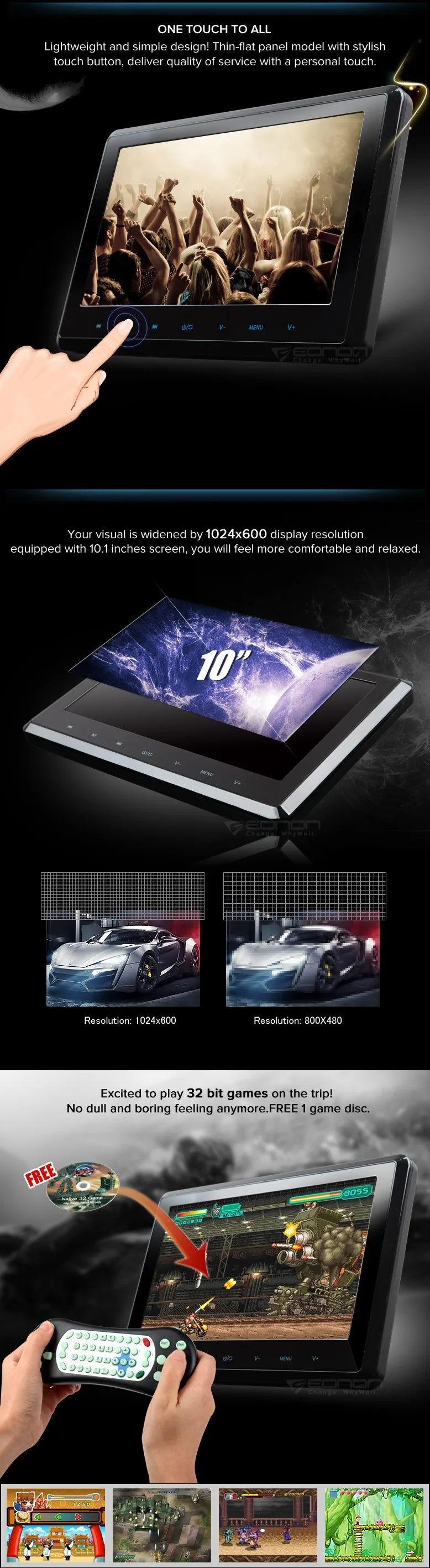 Flash Deal Single 10.1" HD Car Pillow Headrest Digital Monitor DVD Player car Attached Headrest PC with IR headphone Touch Button 1024*600 1
