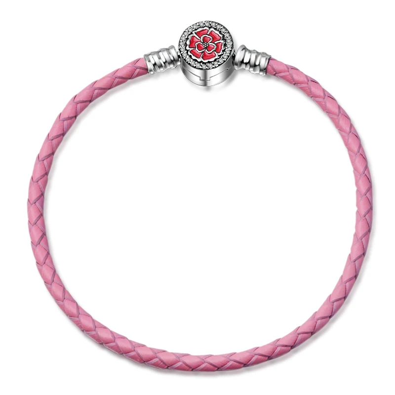 

Authentic 925 Sterling Silver pink flower with red enamel Leather rope Bracelet Fit Women Bead Charm Bangle Gift DIY Jewelry