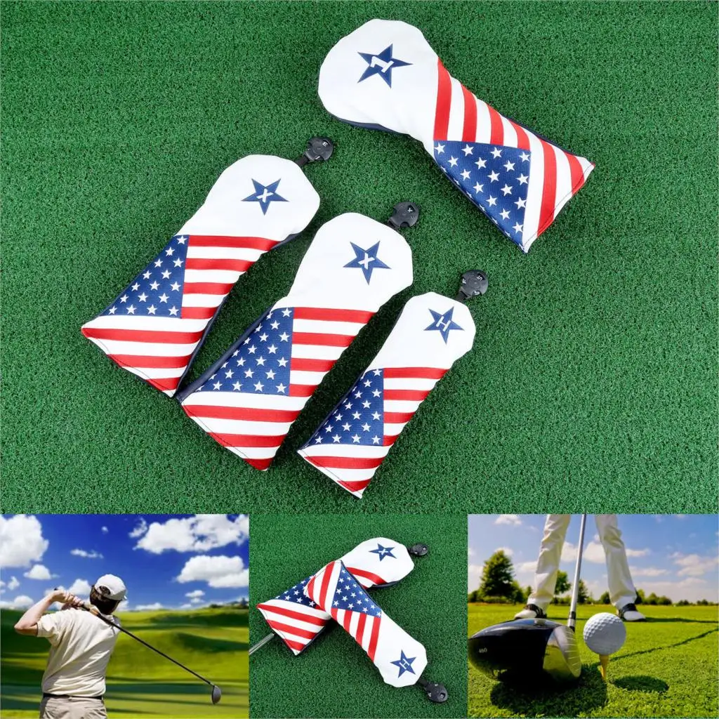 

1/3/4 Pcs USA Flag Golf Wood Headcover Set For Driver/ Fairway/ Hybrid UT FW Cover 1 3 5 UT Golf Club Heads Covers PU Leather