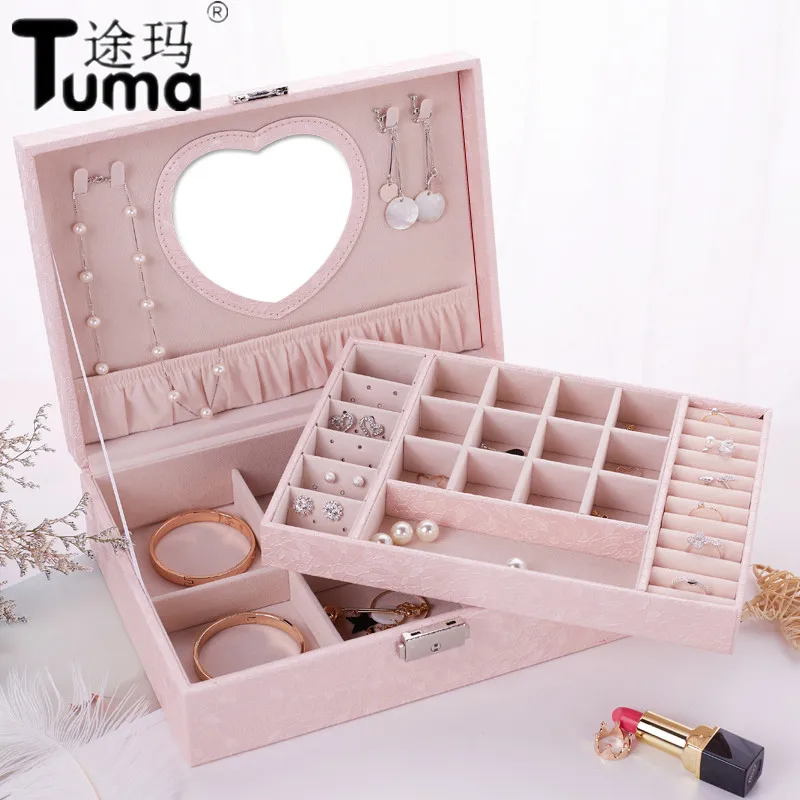 2019 New Design Pu Leather Jewelry Box Double layer Wooden Frame Princess Jewelry Storage Box
