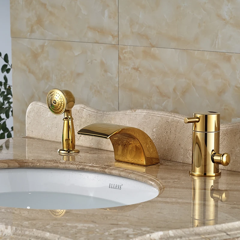Deck Mount Gold Bath Taps Single Lever Widespread Waterfall Tub Mixes