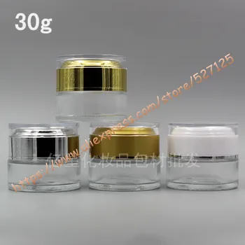 

30g shiny clear/transparent glass cream jar with many colors acrylic lid,30ml cosmetic/eye cream/mask cream container