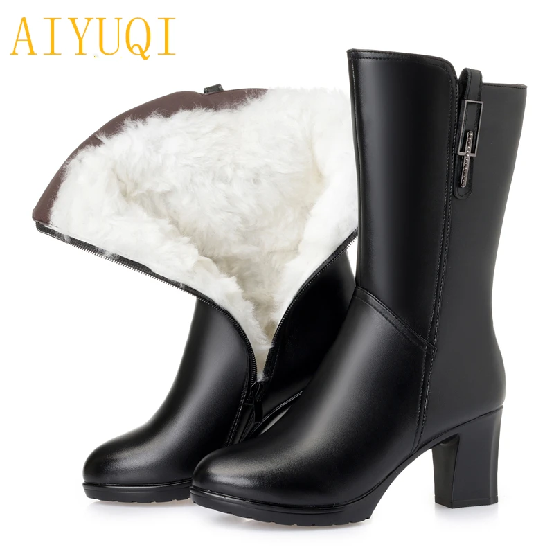 

AIYUQI Women high heel boots 2019 new genuine leather winter boots, thick warm wool women snow boots, sexy Martin shoes lady