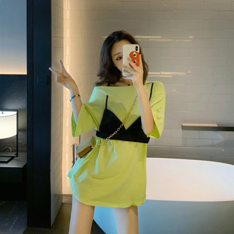 

Fake two underwear Appliques women long t shirt short sleeve one shoulder tops 2019 summer korean harajuku vogue summer tunic