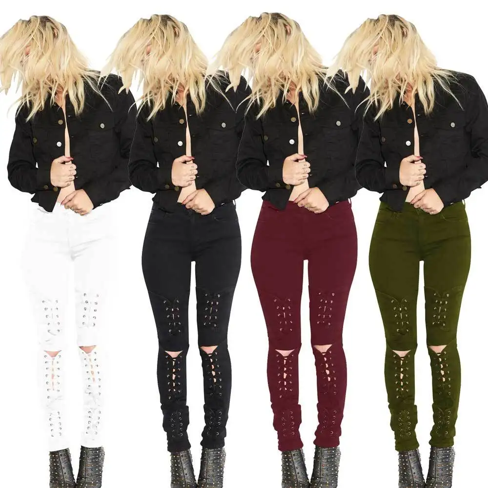 Hot spring new bandage high waist slim jeans Europe and America hole casual hips slim fashion female sexy feet jeans Hot spring new bandage high waist slim jeans Europe and America hole casual hips slim fashion female sexy feet jeans