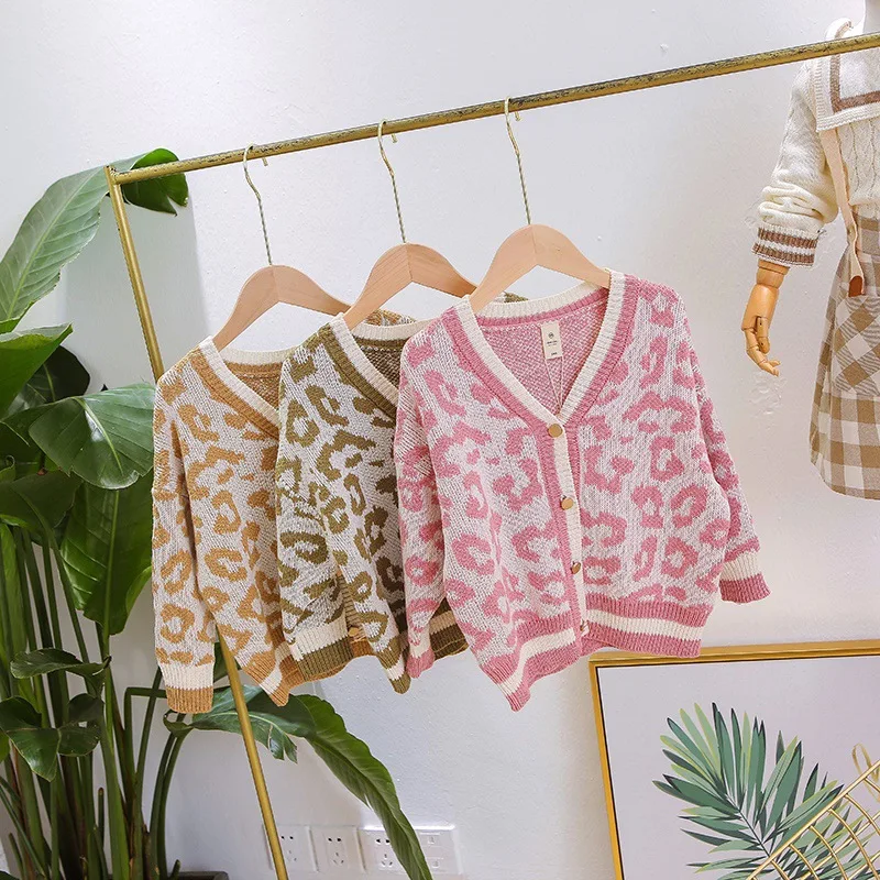 

kids clothing 2019 new spring girls jackets Leopard girls cardigan kitted sweater kids outerwear coat for 2~8 age girl coat