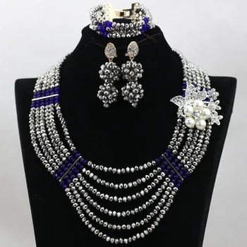 

Splendid Silver Mix Blue African Women Party Jewelry Set 6 Layers Bellanaija Handmade Wedding Inspiration Set Free Ship QW026