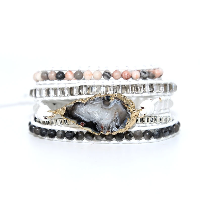 

2019 Handmade Natural Stone Beads Wrap Bracelet Boho Blend Charm 5 Strands Leather Bracelets for Women Men jewelery