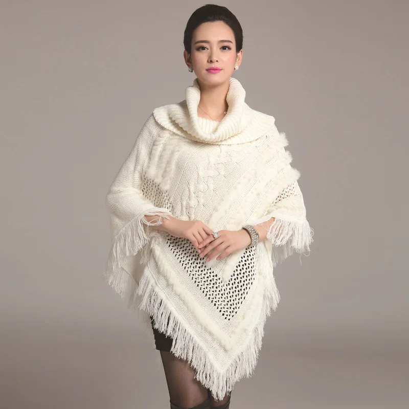 

Autumn winter new turtleneck tassel knitted sweater fur poncho women casual fashion sweaters and pullovers trendy sweater