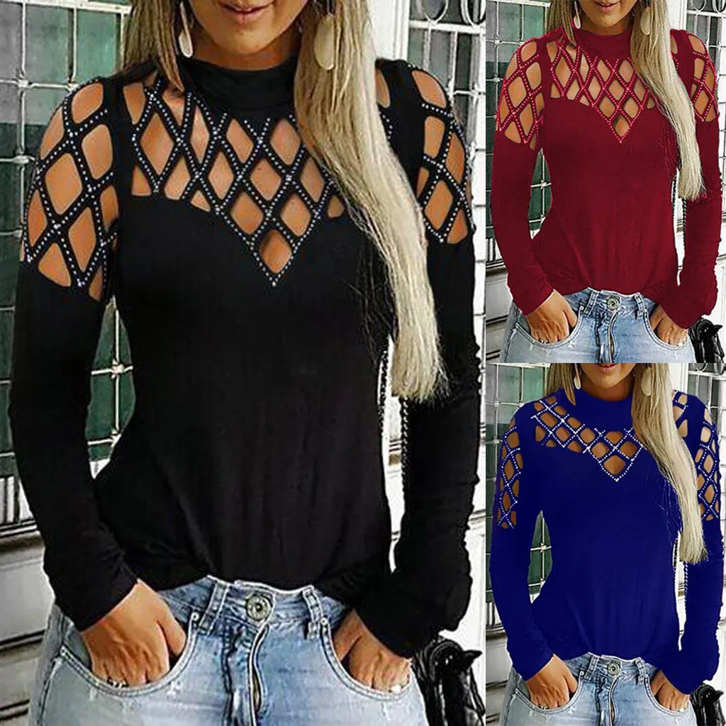 

Tshirt Women Fashion Casual Tops Long Sleeve Cut Hollow Out Rhinestone T-Shirt Camiseta Mujer Top Women Harajuku T Shirt Camisas