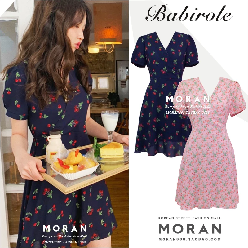 

First Love Cherry Print V Neck a Line Dress Summer Romantic Short Dress Robe Femme Vestido Mujer Vestiti Donna