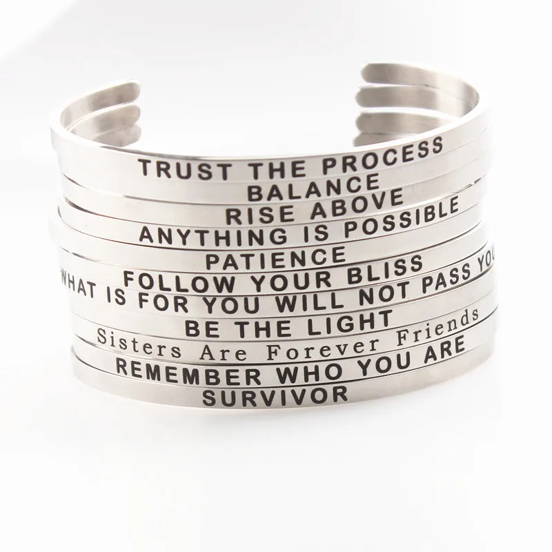 

Custom Bangle Stainless Steel Engraved Positive Inspirational Quote New Cuff Mantra Bracelet Bangle for Women