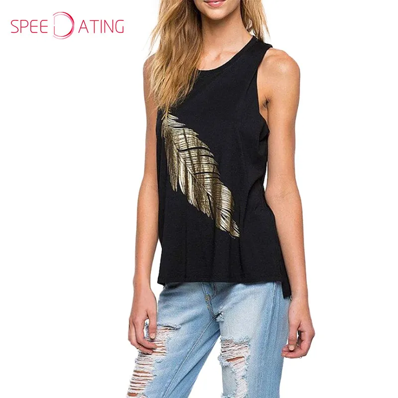 round neck loose fitting print sleeveless t shirts