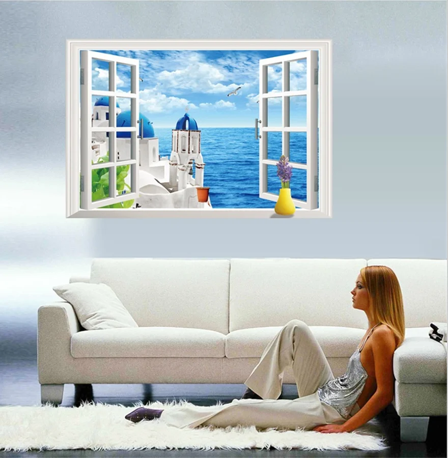 

romantic love city Santorini Greece blue sea sky 3d window view wall sticker scenery home wedding bedroom wall art OO-051