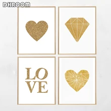 ゴールド保育園ポスター印刷ゴールドハート Love ワード金箔キャンバス絵画現代のダイヤモンド壁アートポスターリビングルームホーム装飾(China)