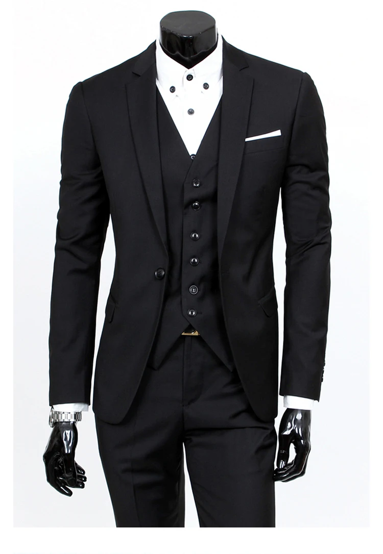 FOLOBE 3 PCS Tailored Black Mens Slim Fit Suits Set Bridegroom Suits