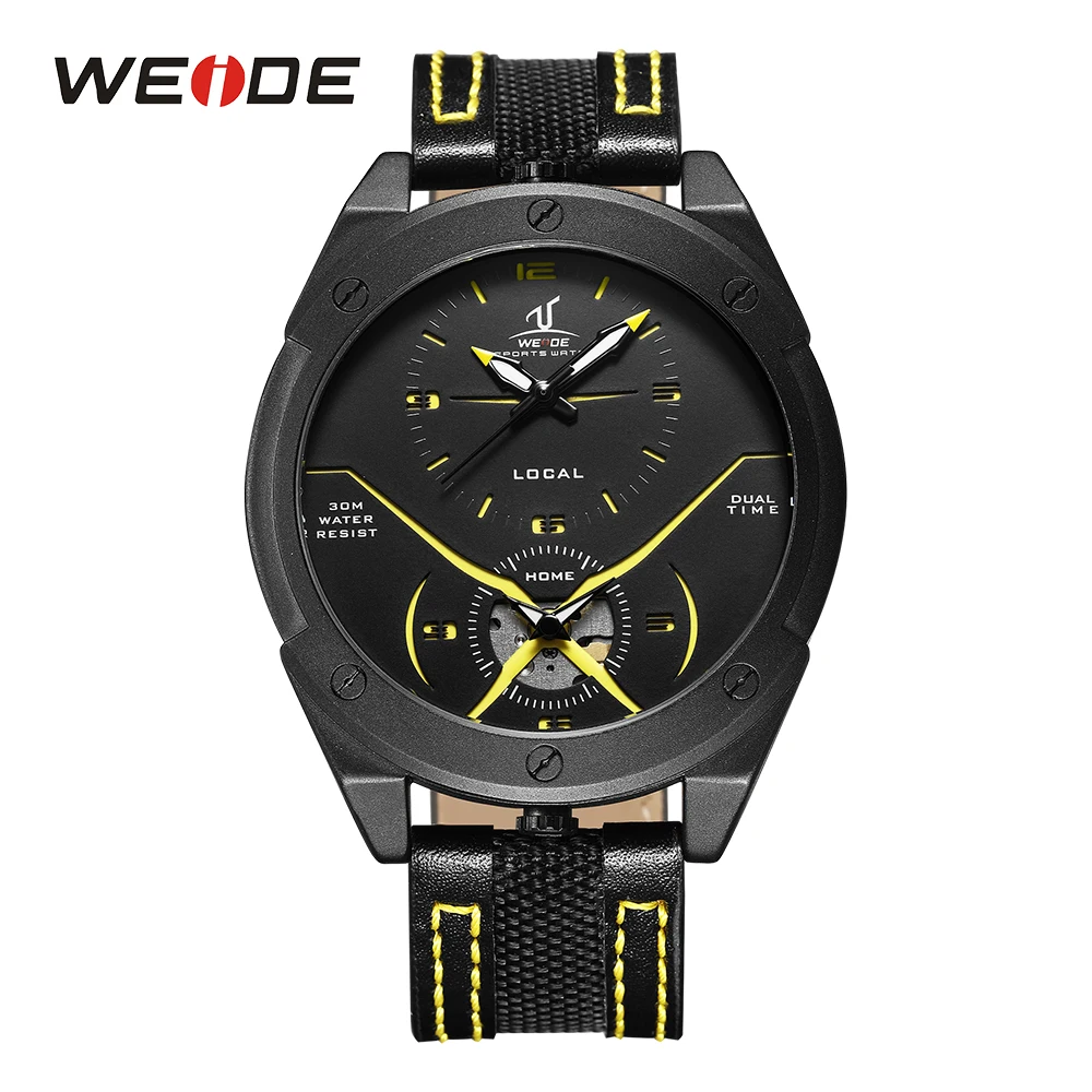 

WEIDE Men Casual Analog Display Dual Time Zones Quartz Watch Black and Yellow Genuine Leather Strap Band Sport Wristwatch Clock