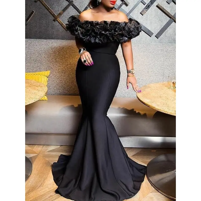 

Women Sexy Bodycon Party Dress Elegant Off Shoulder Ruffle 2019 Summer Mermaid Dinner Evening Black Long Dresses African Robe