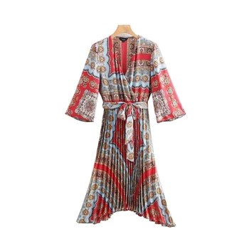 

V-neck print midi dress pleated design elastic waist irregular vintage women's casual dress