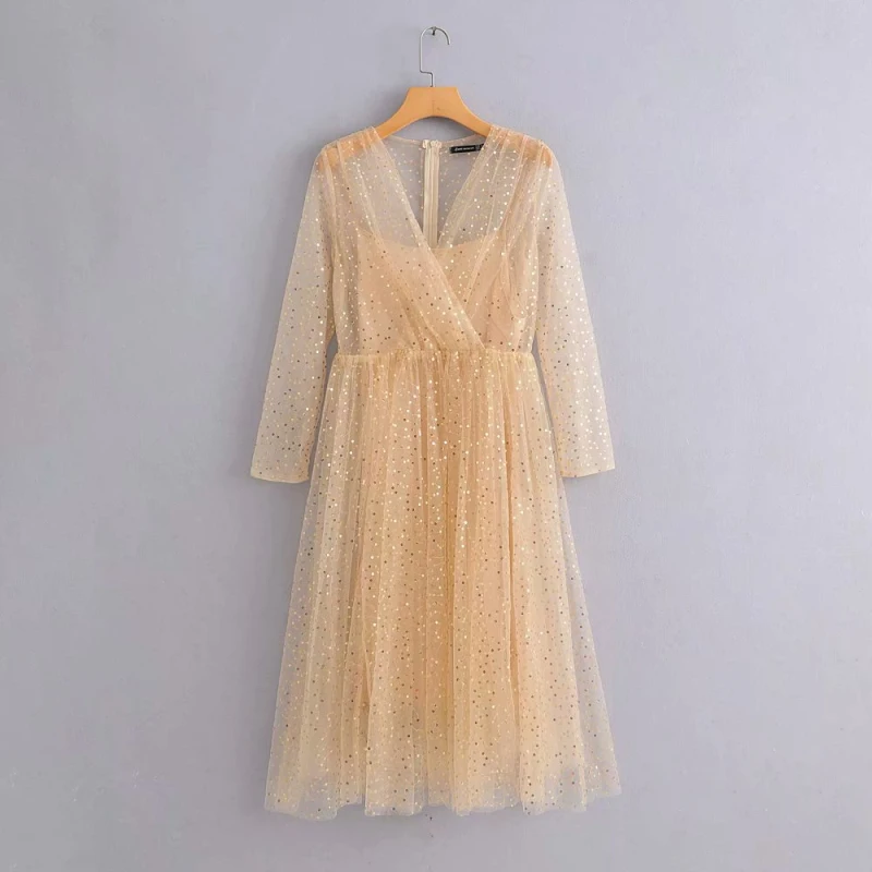 

Luxury Party Gown Sexy Women-s Transparent Mesh Dress Sequined Embellishment V-Neck Elegant Noble Ladies Dresses Robe de dame