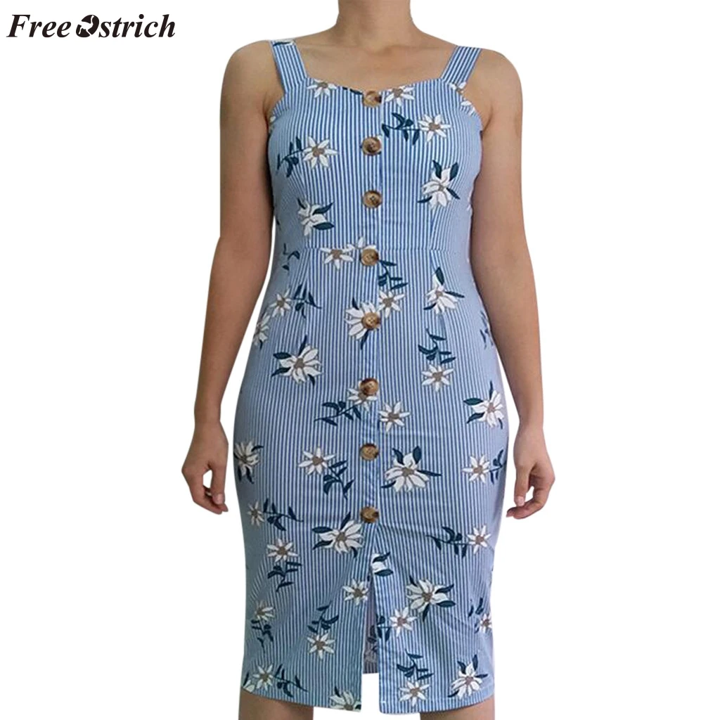 

FREE OSTRICH Dress Women's Bohemian Halter Casual Button Personality Stripe Flower Print Party Mini Cocktail Beach Dress