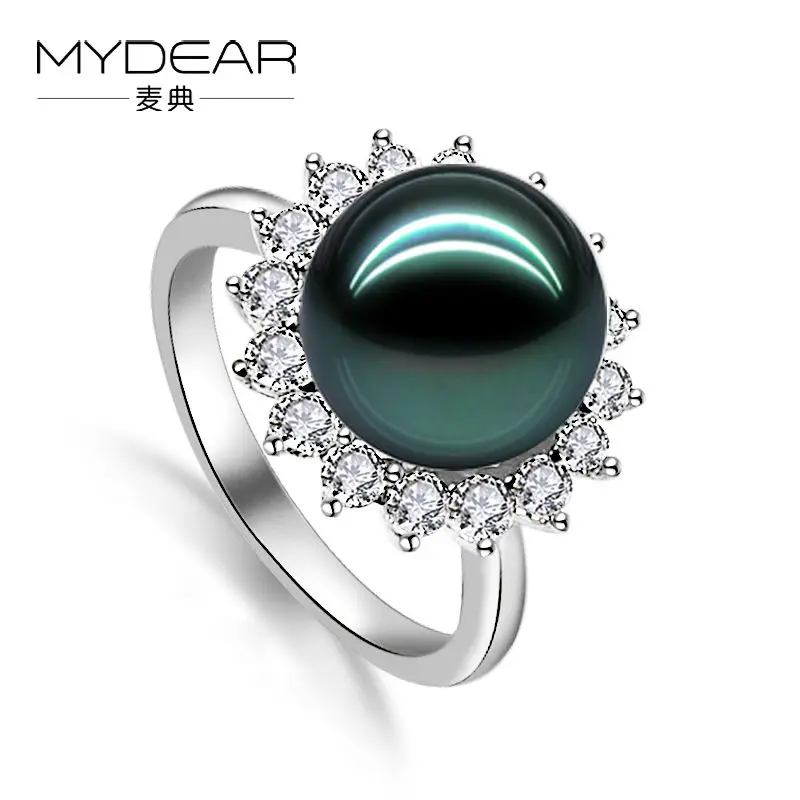 

MYDEAR Pearl Jewelry Trendy Sunflower Shape Silver Ring 8-9mm Tahitian Black Pearl Ring for Women,High Luster,Perfectly Round