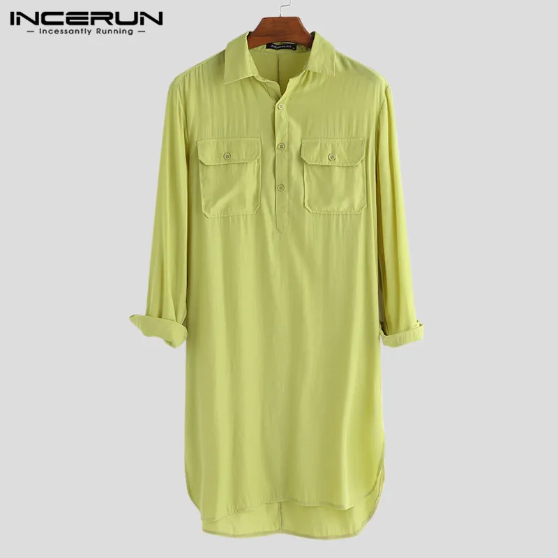 Мужская рубашка, солидная, с отворотом, с длинным рукавом, с карманами, винтажная, Пакистанская, мусульманская одежда, длинные рубашки для мужчин, инсерун, индийская одежда - Цвет: Green Shirt