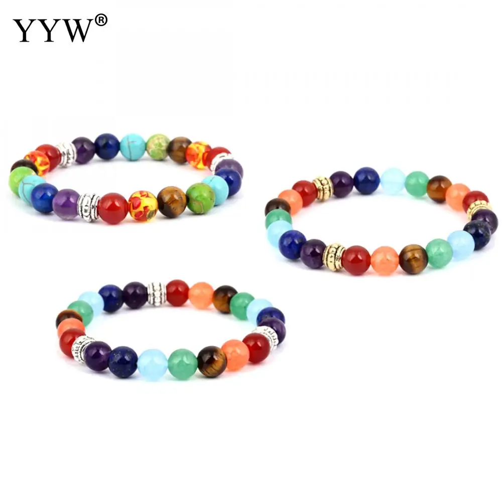 

YYW 8mm Gem Stone Bead Yoga Bracelets Mixed Color Natural Stone Beads Bracelet Fashion Men Women Jewelry Pulseira Masculina