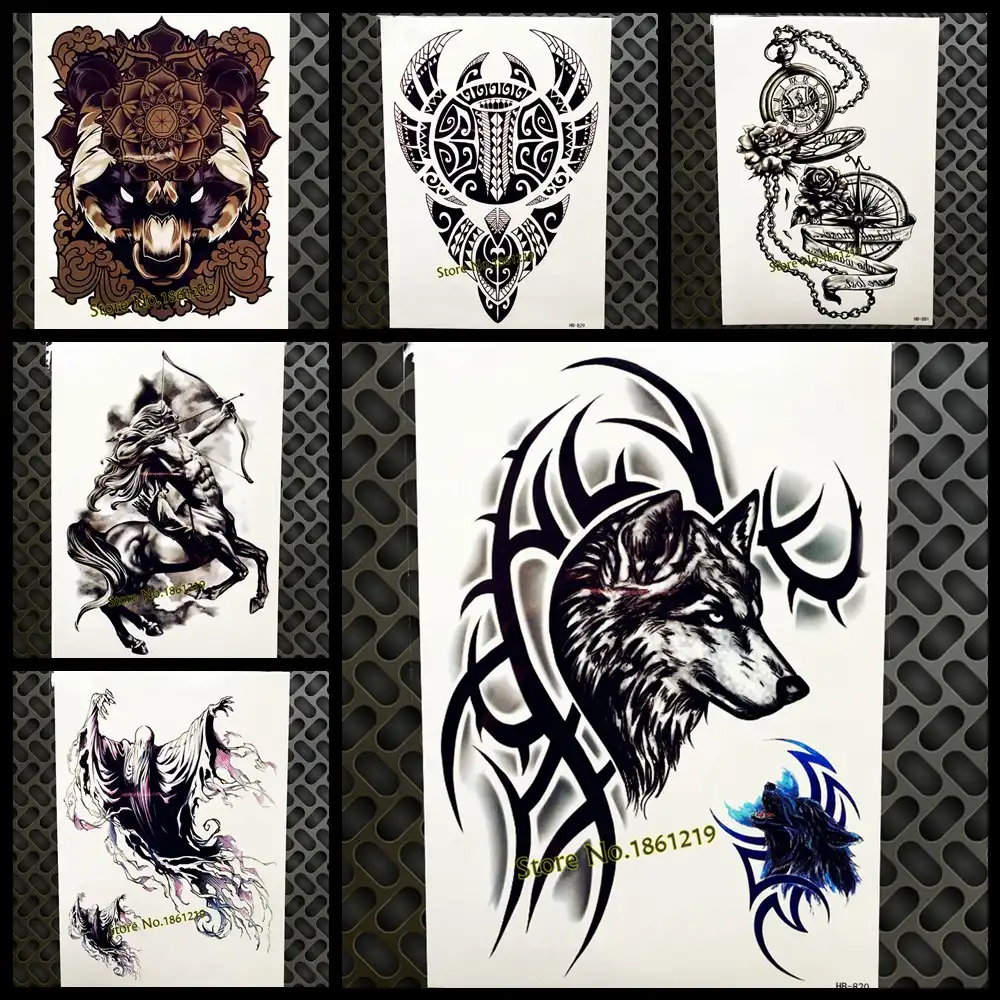 Recien Llegado Tatuaje De Lobo Totem De Hoz Negro Para Brazo Para Hombres Y Mujeres Tatuaje Falso De Pierna 21x15cm Arte Corporal Impermeable Tatuaje Adhesivo Temporal Body Art Temporary Tattoo Tattoo For Menwolf Tattoo