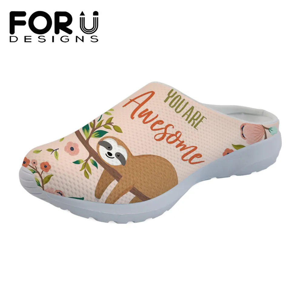 

FORUDESIGNS Breathable Sandals Women Floral Sloth Printed Brand Home Slippers Female Air Mesh Summer Flats Sapato Feminino 2019