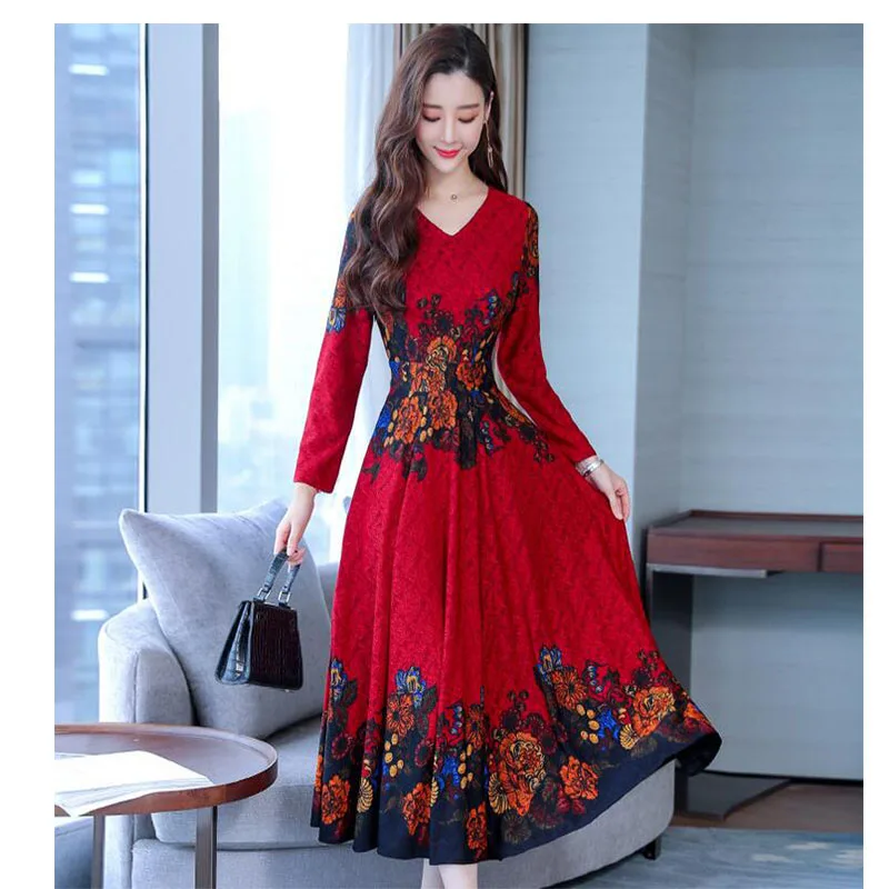 

2019 Women Autumn Dress Casual Long Sleeve Women Clothing Fashion Printed Chiffon Dress Vintage Slim plus size Long Dresses
