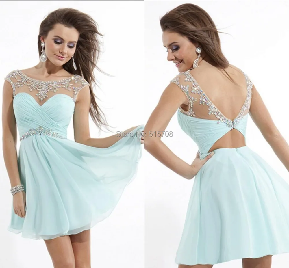 Schöne Hellblau Kristall Scoop Backless Eine Linie Chiffon Kurzes Schöne Hellblau Kristall Scoop Backless Eine Linie Chiffon Kurzes