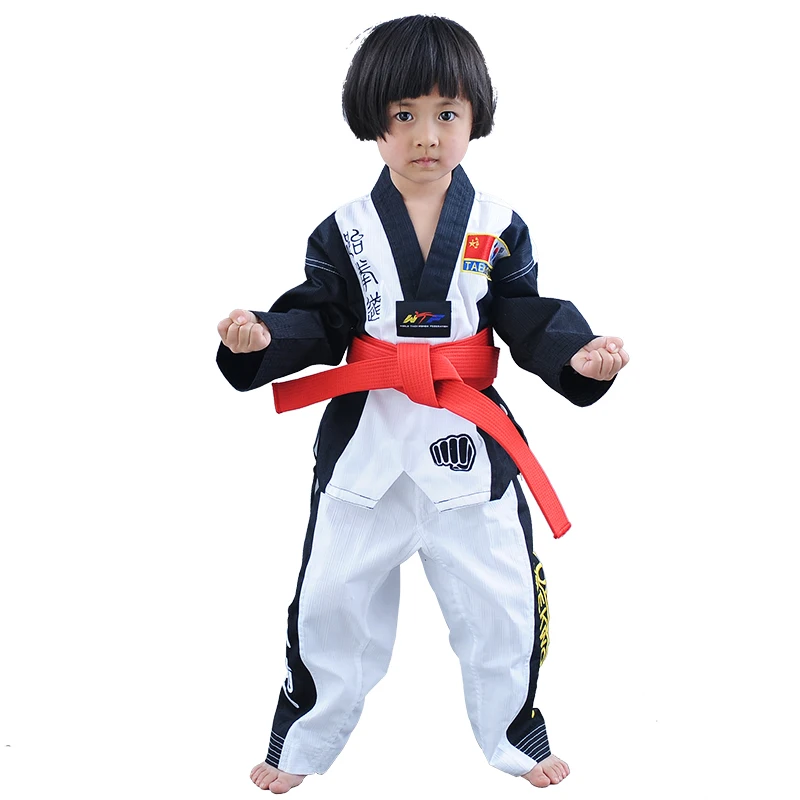 

Top Grade colourful Taekwondo uniform Red Black WTF tae kwon do clothes Red karate dobok Chromatic TKD V-neck suit for kids